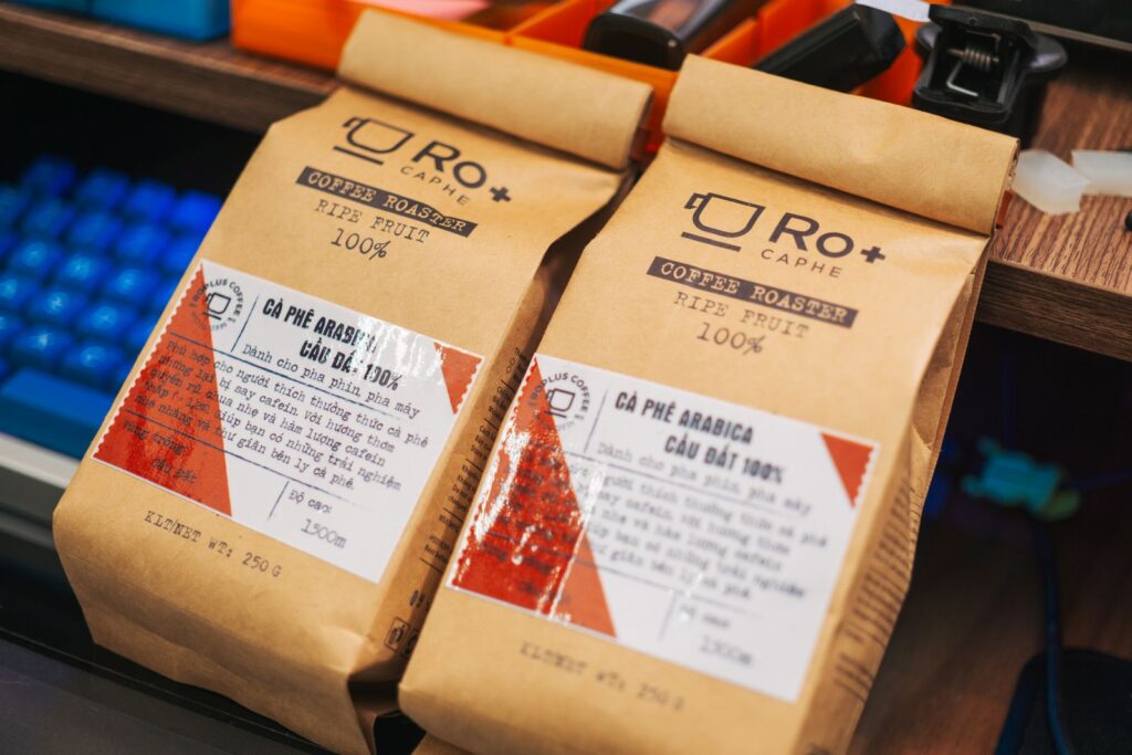 Premium coffee bag packaging showing beans and label details