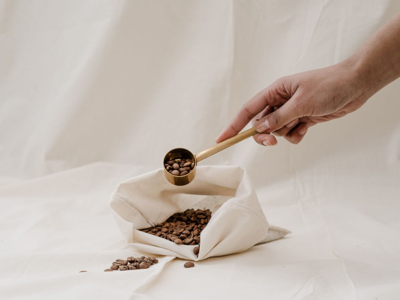 Hand holding a scoop over a fabric bag of roasted coffee beans