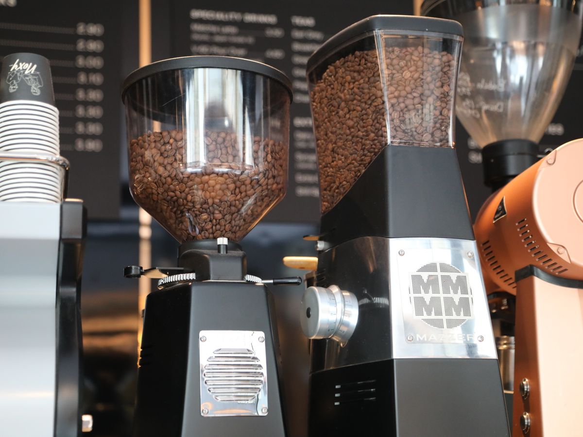 A coffee grinder filled with fresh beans