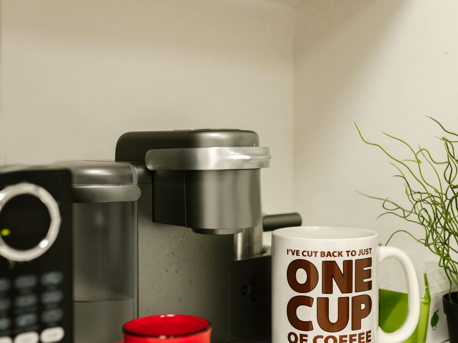 A tidy, intentional coffee nook with a coffee maker, mugs and a small plant